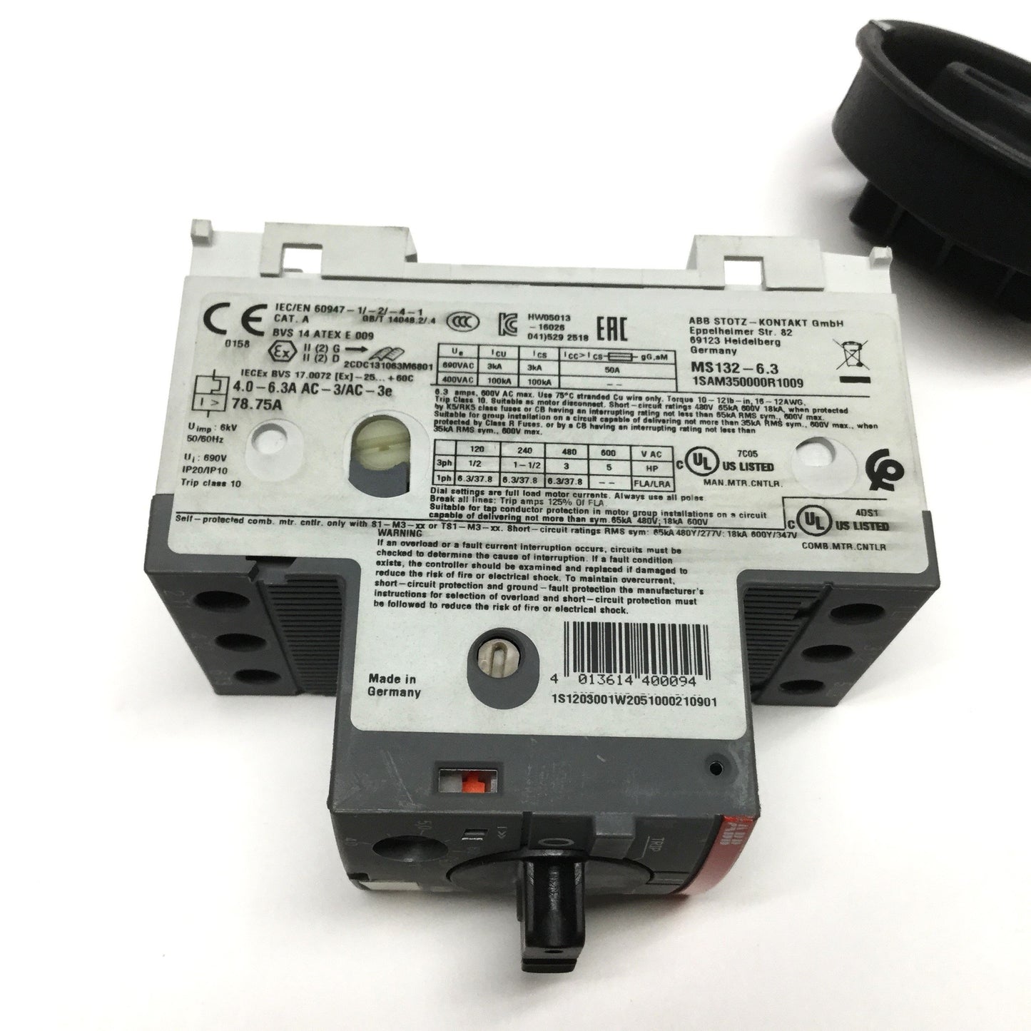 Used ABB MS132-6.3 Manual Motor Starter, 3-Pole, 600VAC/250VDC, 4.0-6.3A, DIN Rail