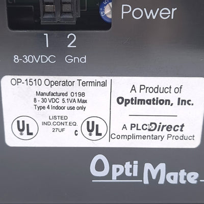 Used Automation Direct/Optimation Inc. OP-1510 OptiMate Operator Panel, 8-30VDC