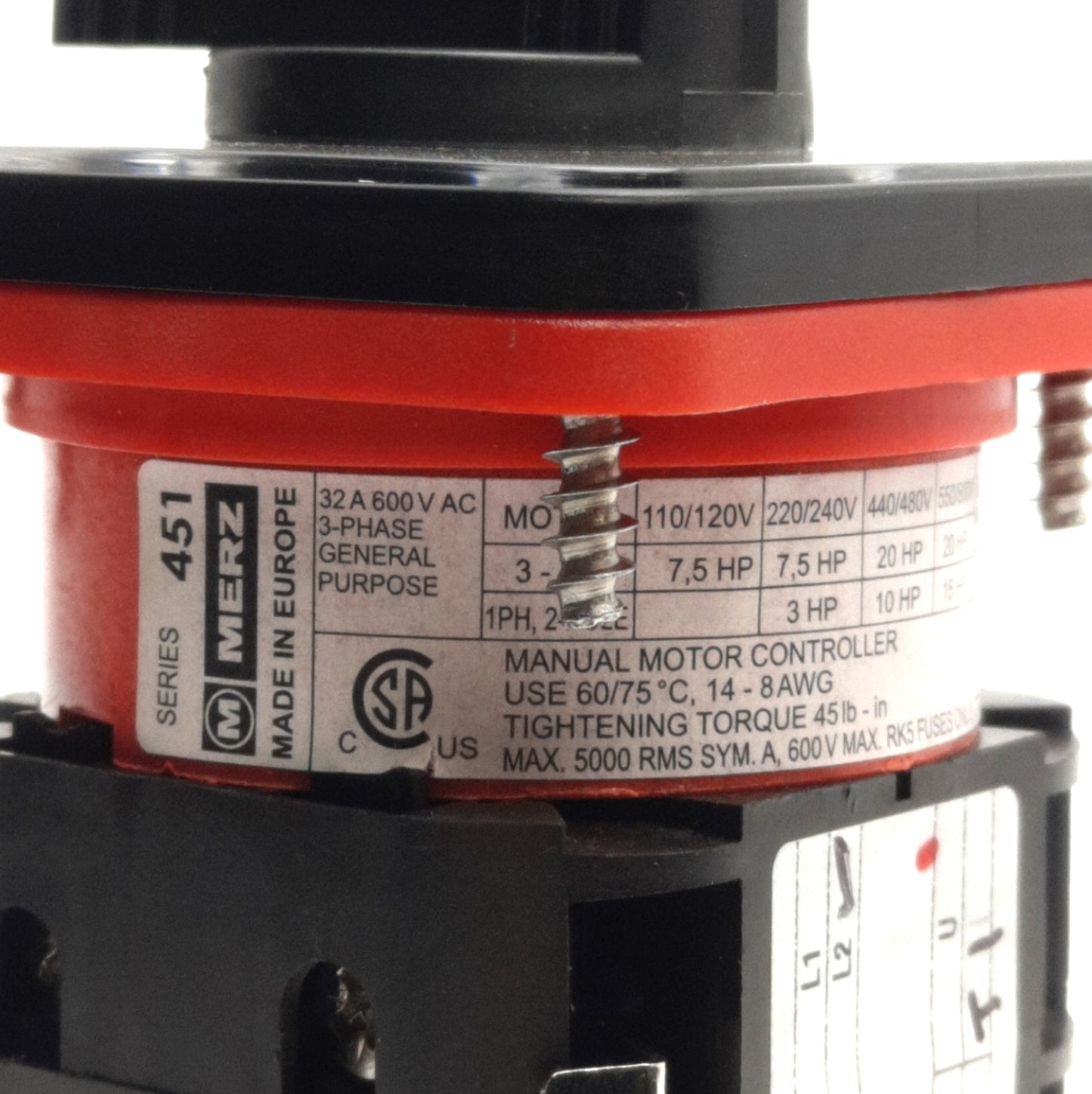 Used Merz W451/3 NON-UL Reversing Disconnect Switch, 32A 3-Poles, 600VAC 3-Phase