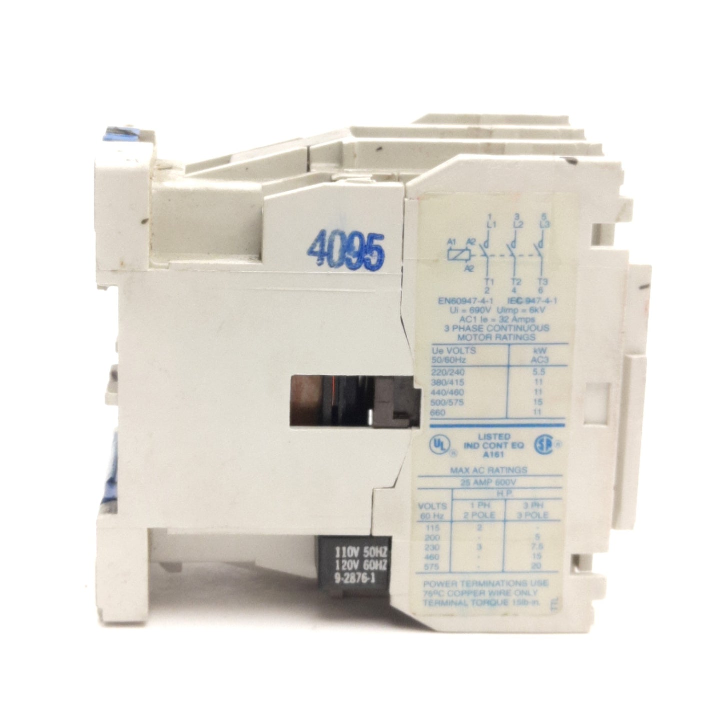 Used Eaton AE16ENS0 10E Motor Starter, 3-Poles, 600VAC 25A Contact, 110-120VAC Coil