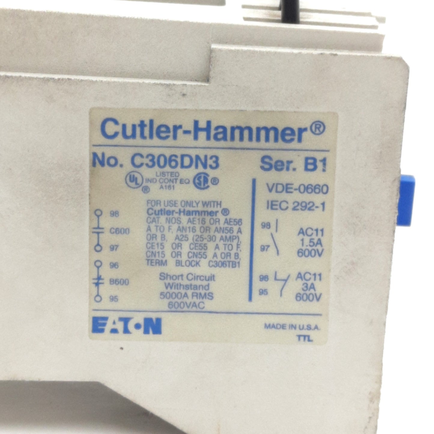 Used Eaton C306DN3 Thermal Overload Relay, NEMA 00/0, 3-Pole, 32A 600VAC Max