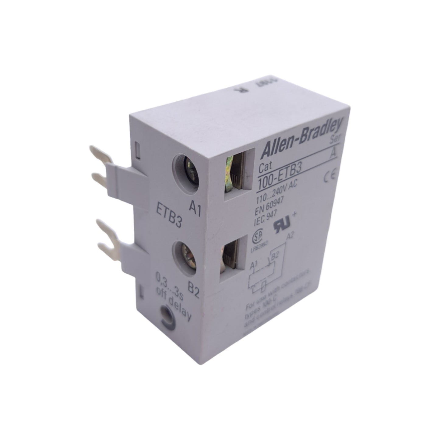 Used Allen Bradley 100-ETB3 Electronic Timing Module, Off-Delay 0.3-3 Sec, 110-240VAC