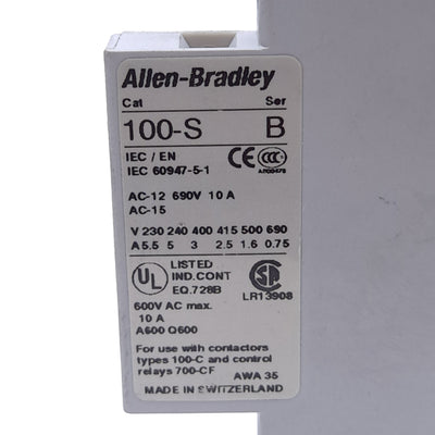 Used Allen Bradley 100-SA11 Auxiliary Contact Block, 1 NO 1 NC, For 100-C & 700-CF
