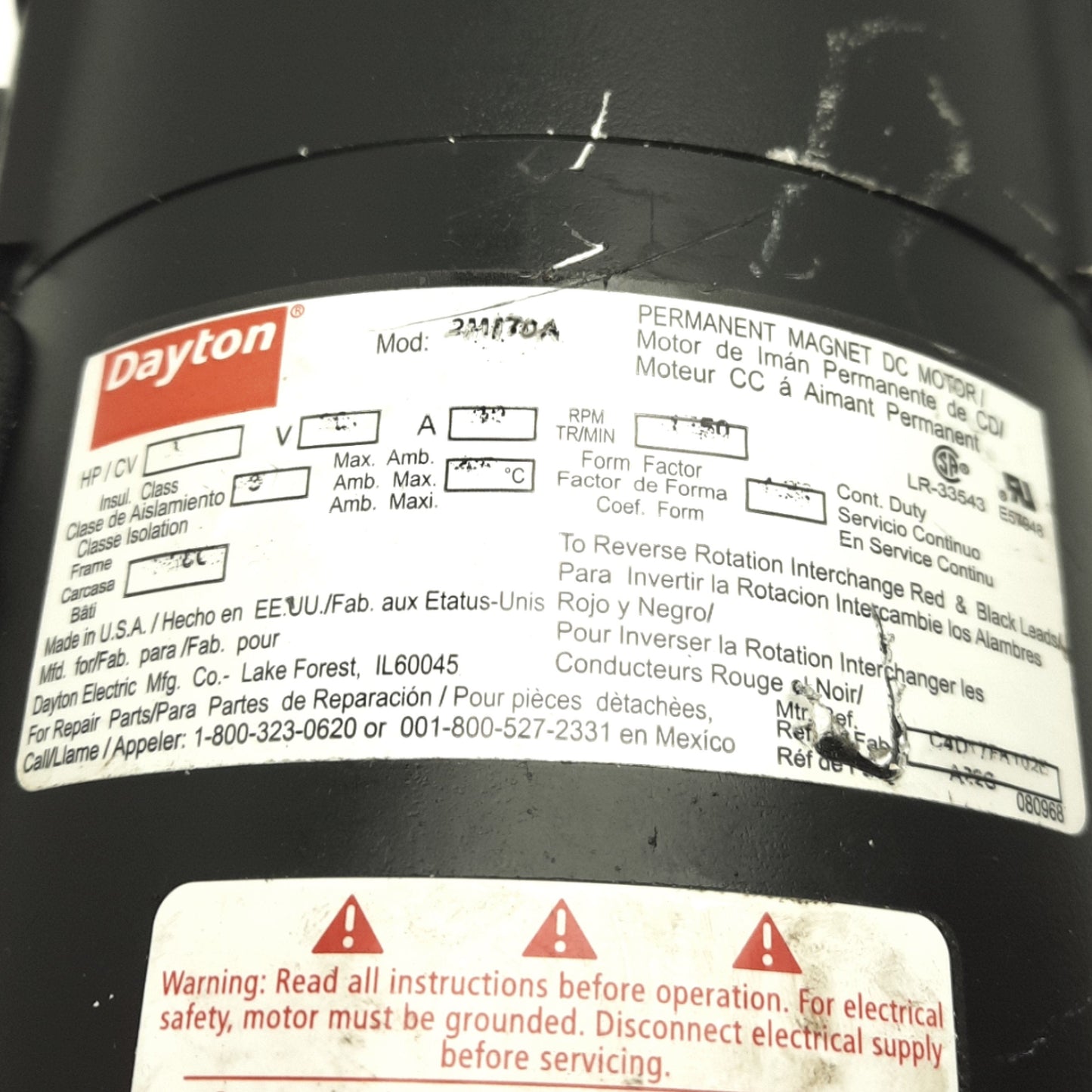 Used Dayton 2M170A DC Motor, 1HP Rating, 90VDC 10A, 1725RPM, 56C Frame, 15in Length