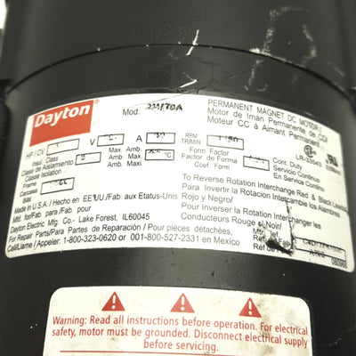 Used Dayton 2M170A DC Motor, 1HP Rating, 90VDC 10A, 1725RPM, 56C Frame, 15in Length