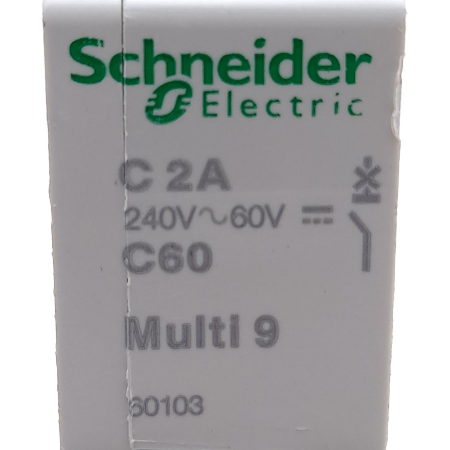 Used Schneider Electric 60103 Circuit Breaker, 1-Pole, 2A, 240VAC/60VDC, DIN Rail