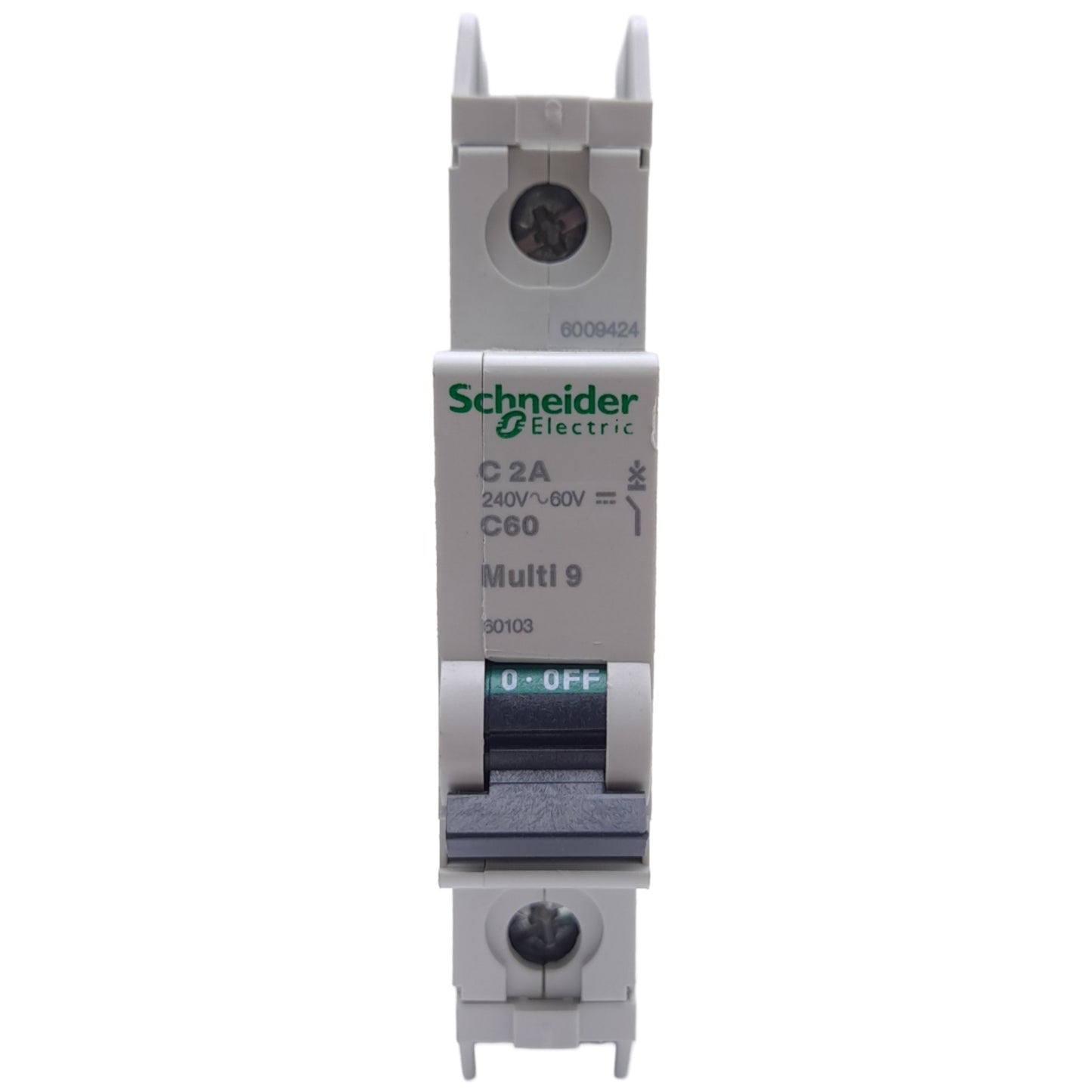 Used Schneider Electric 60103 Circuit Breaker, 1-Pole, 2A, 240VAC/60VDC, DIN Rail