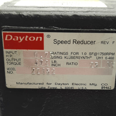 Used Dayton 2Z152 Speed Reducer, 56C Frame, 25:1 Reduction, 90°, ø1in Output