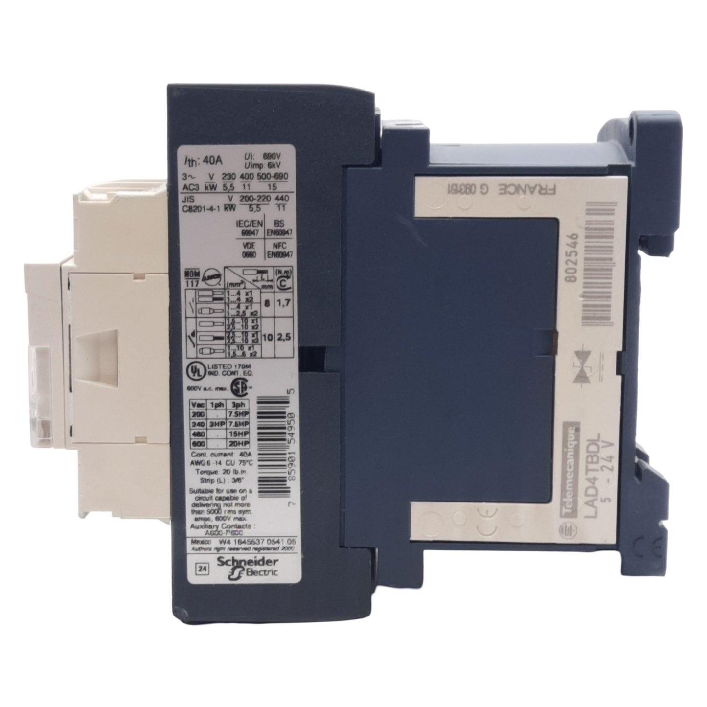 Used Telemecanique LC1D25BL IEC Contactor, 40A 600VAC, 3PST-NO, 24VDC Coil, DIN Rail