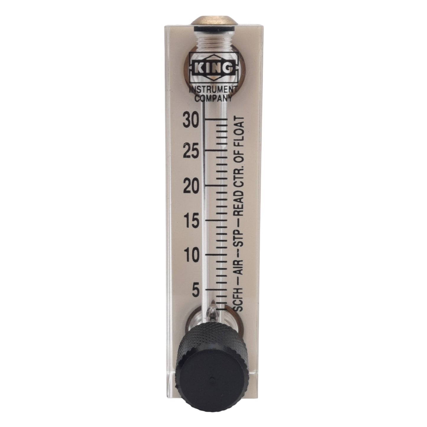 Used King Instrument 75301112C09 Acrylic Tube Flowmeter w/ Valve 0-30SCFH, 1/4in NPT