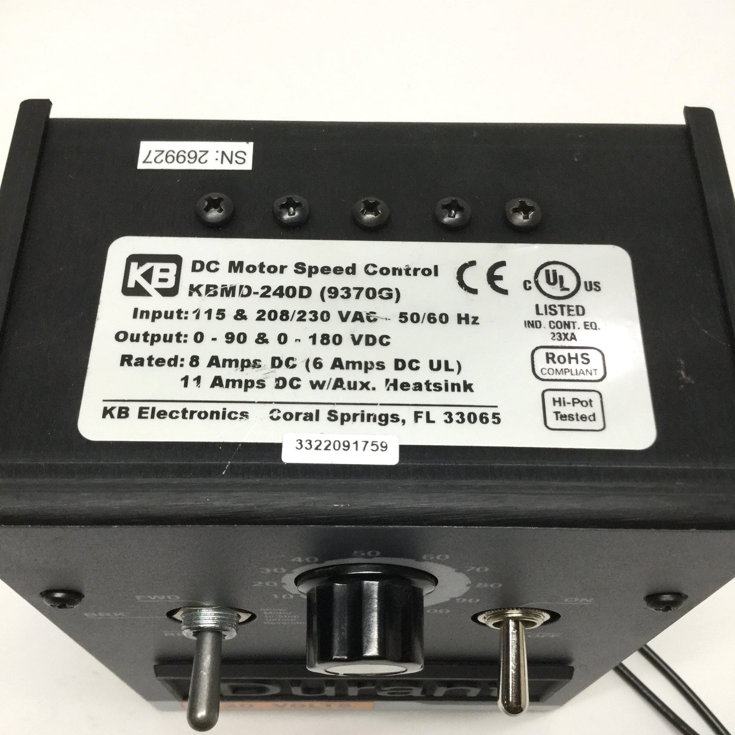 Used KB KBMD-240D 9370G w/FBR DC Motor Speed Control from a Durant Machine