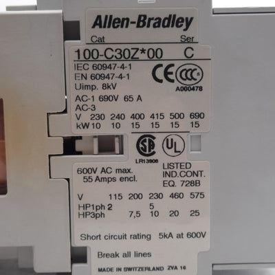 Used Allen Bradley 100-C30ZJ00 Contactor, 3-Pole, 30A, 600VAC, 24VDC Coil, DIN Rail