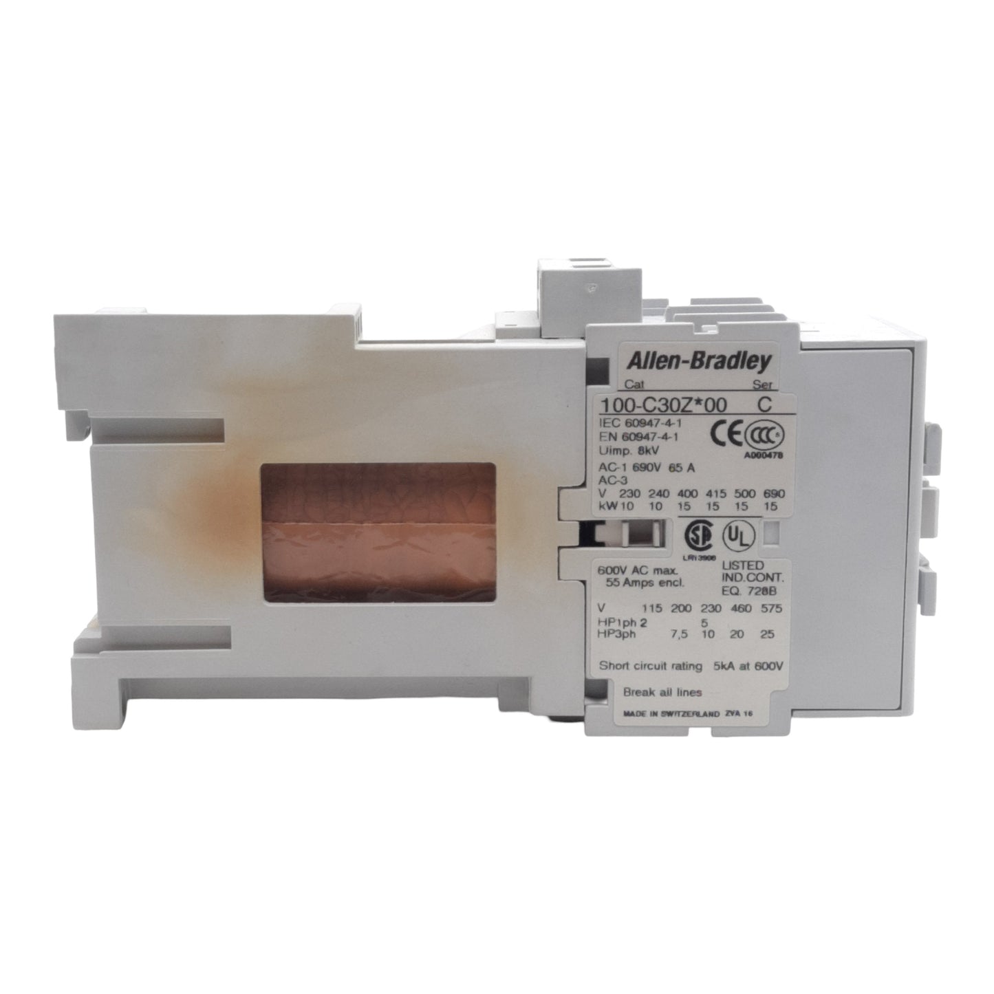 Used Allen Bradley 100-C30ZJ00 Contactor, 3-Pole, 30A, 600VAC, 24VDC Coil, DIN Rail