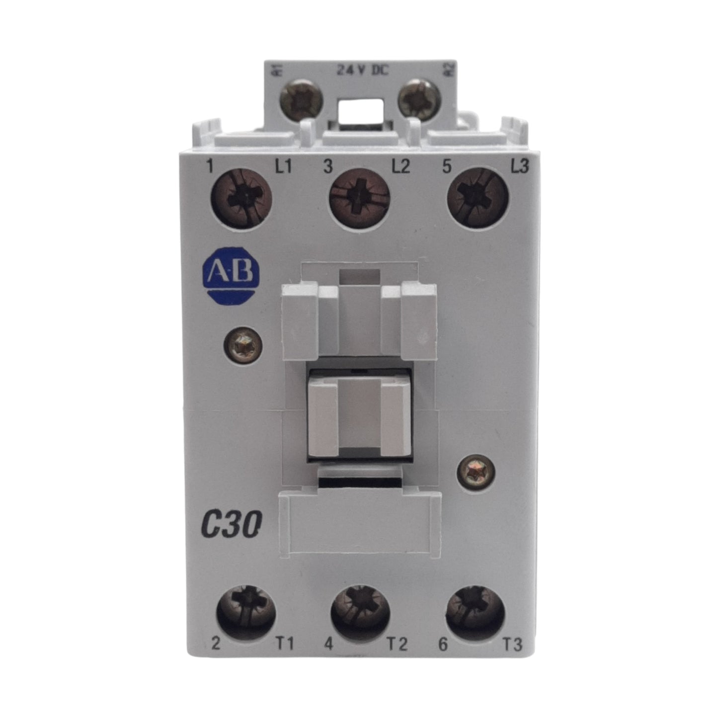 Used Allen Bradley 100-C30ZJ00 Contactor, 3-Pole, 30A, 600VAC, 24VDC Coil, DIN Rail