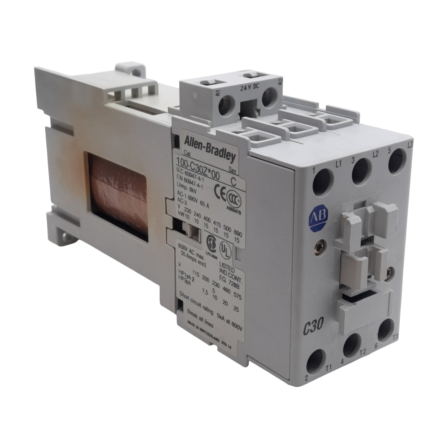 Used Allen Bradley 100-C30ZJ00 Contactor, 3-Pole, 30A, 600VAC, 24VDC Coil, DIN Rail