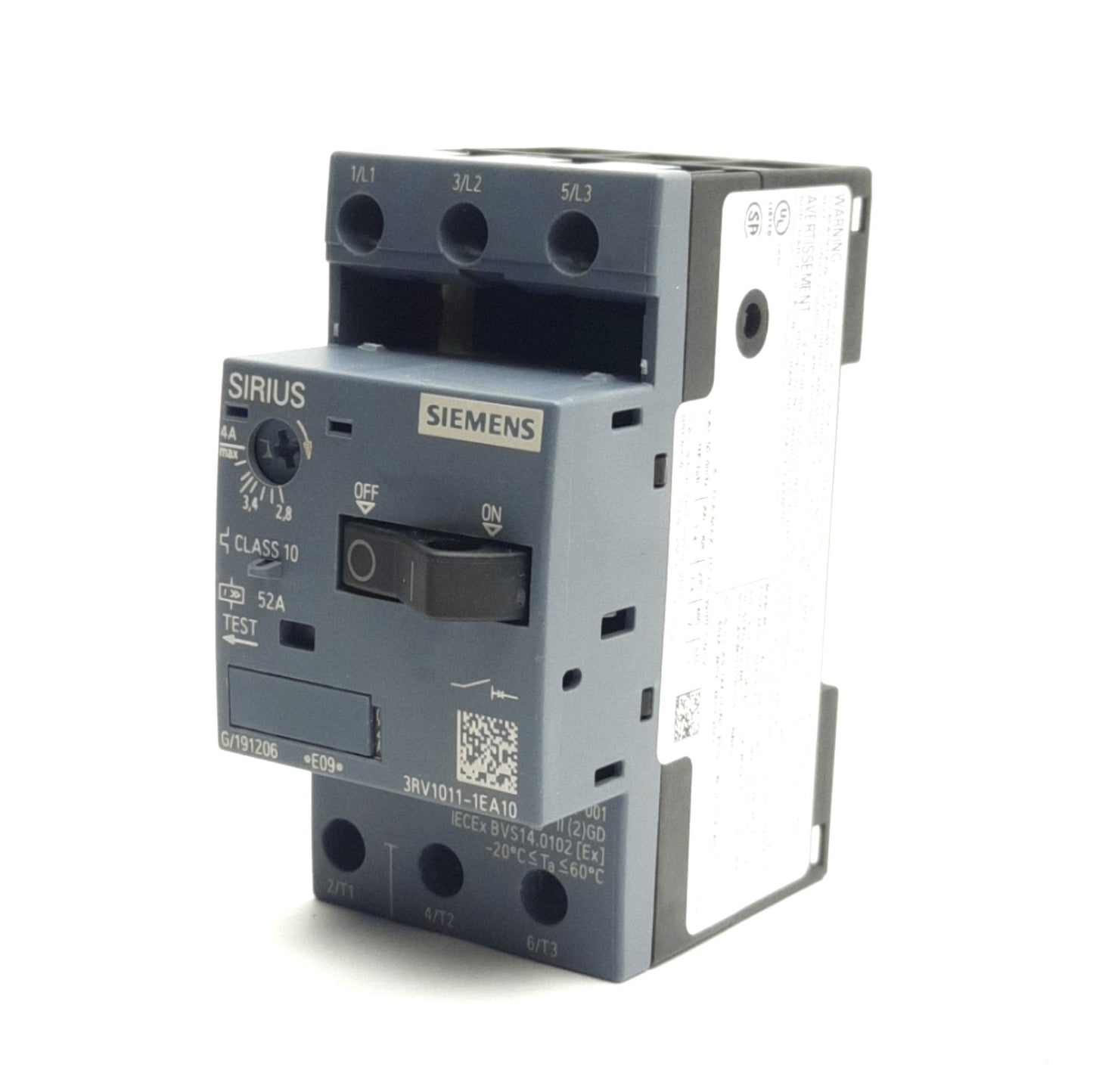 Used Siemens 3RV1011-1EA10 Circuit Breaker, 3-Pole, 2.8-4A, 690VAC, DIN Rail Mount