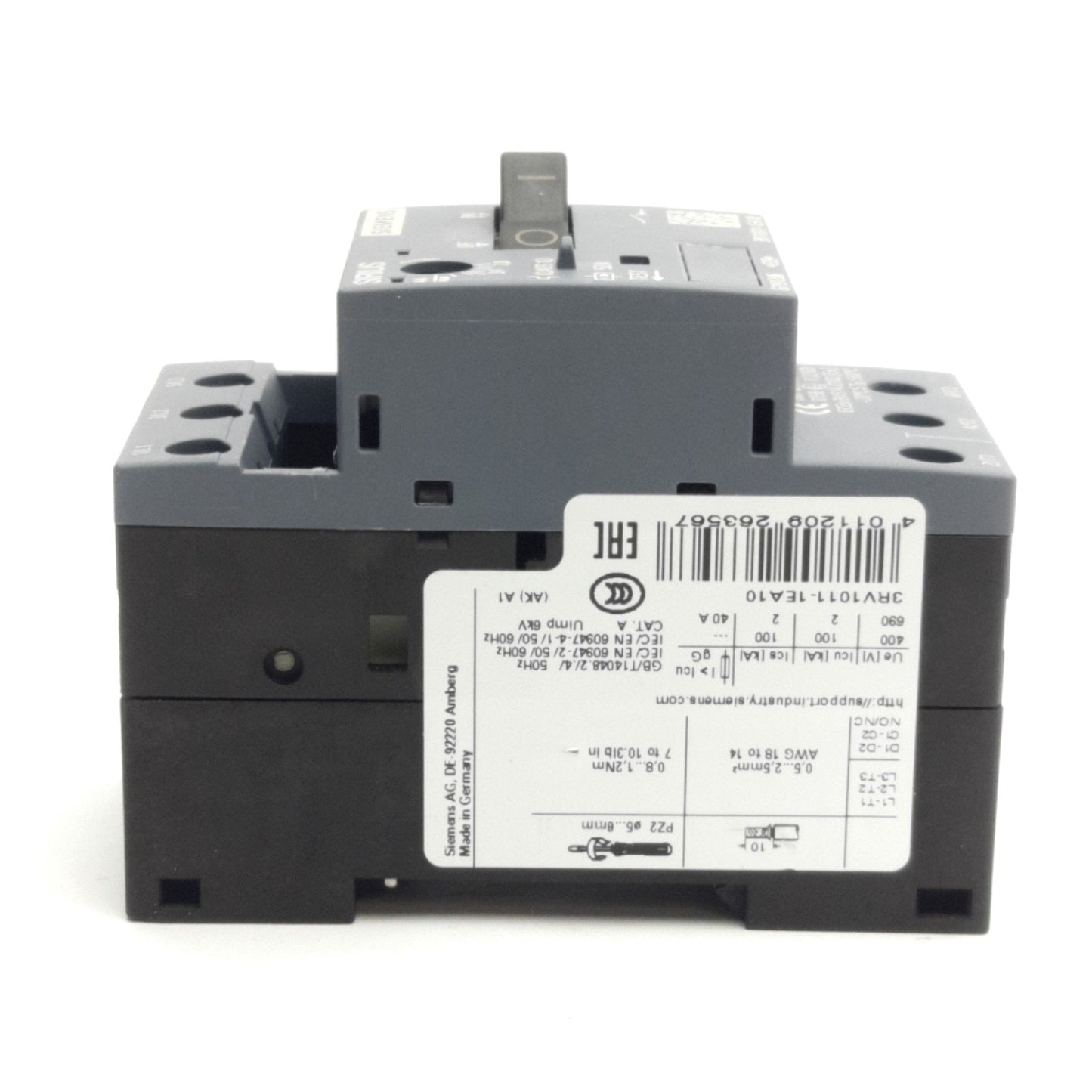 Used Siemens 3RV1011-1EA10 Circuit Breaker, 3-Pole, 2.8-4A, 690VAC, DIN Rail Mount