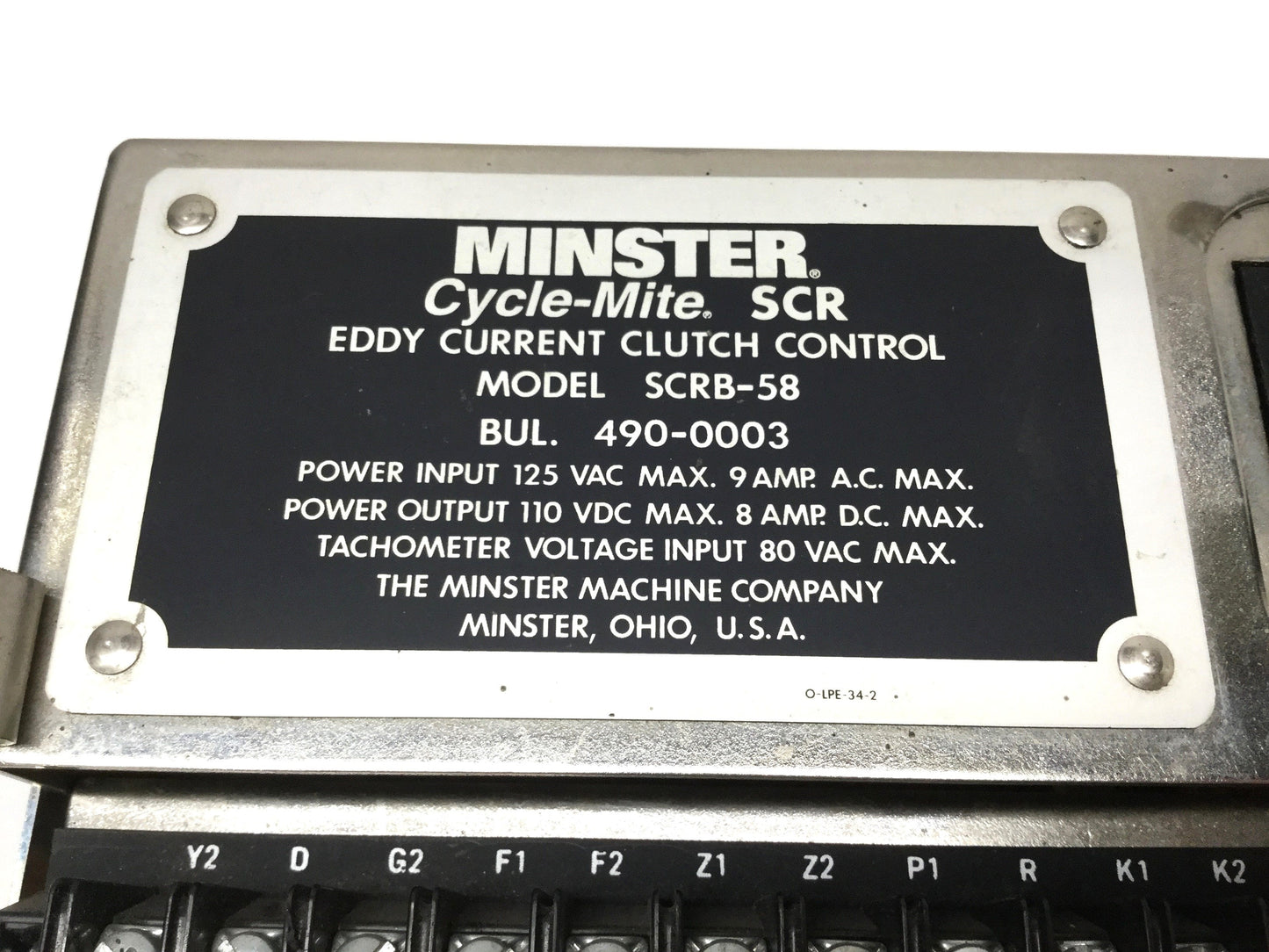 Used Minster SCRB-58 Cycle-Mite Eddy Current Clutch Control 125VAC In, 110VDC 8A Out