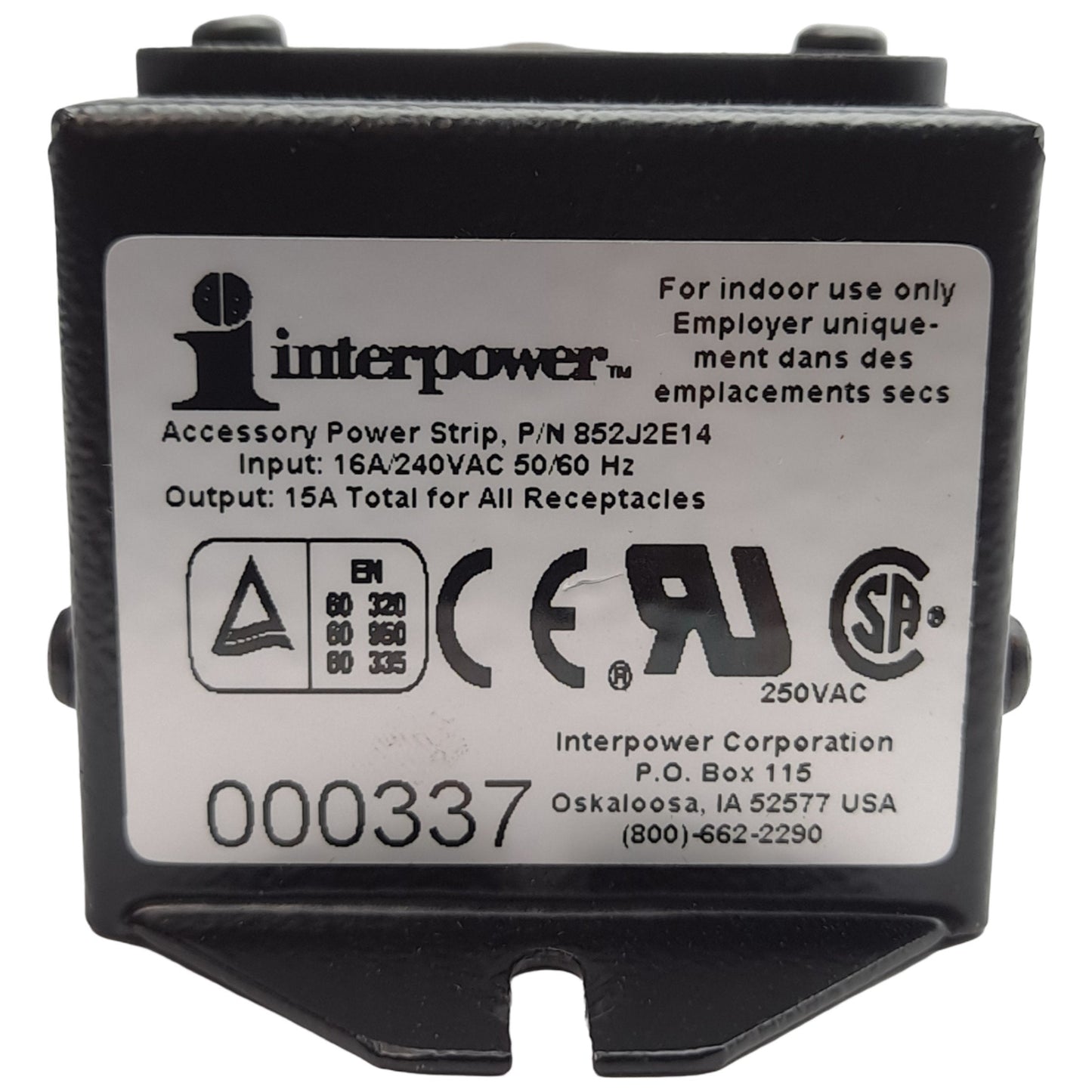 Used Interpower 852J2E14 Power Strip, 15A, 125-240VAC, 5-Outlet, 1-Inlet C20