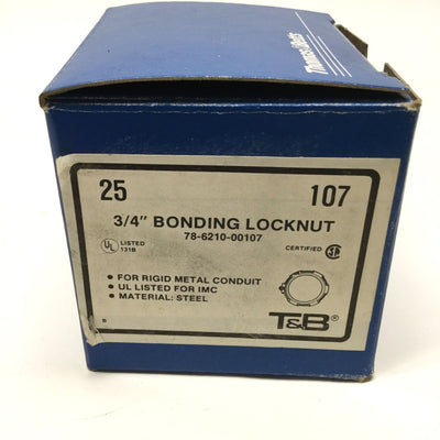 New Box of 25 T&B Thomas Betts 107 Rigid Metal Conduit Bonding Locknuts 3/4", Steel