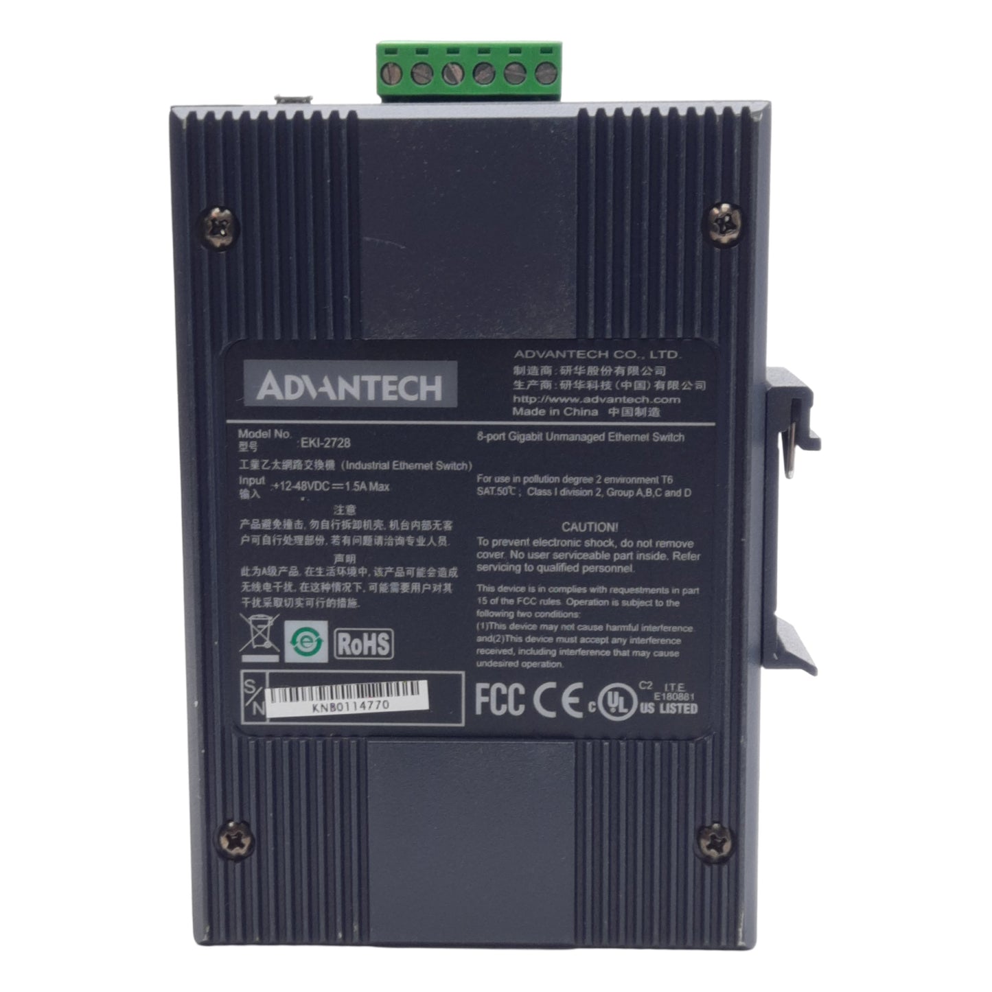 Used Advantech EKI-2728 Gigabit Unmanaged Ethernet Switch, 8-Port, 12-48VDC 1.5A