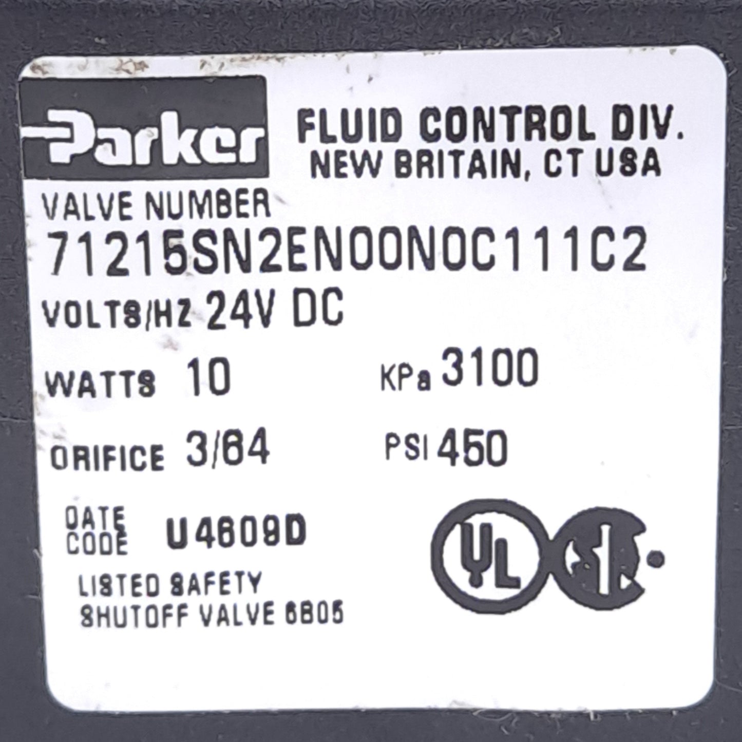 Used Parker 71215SN2EN00N0C111C2 Solenoid Valve, 2-Way, NC, 1/4in NPT, 24VDC