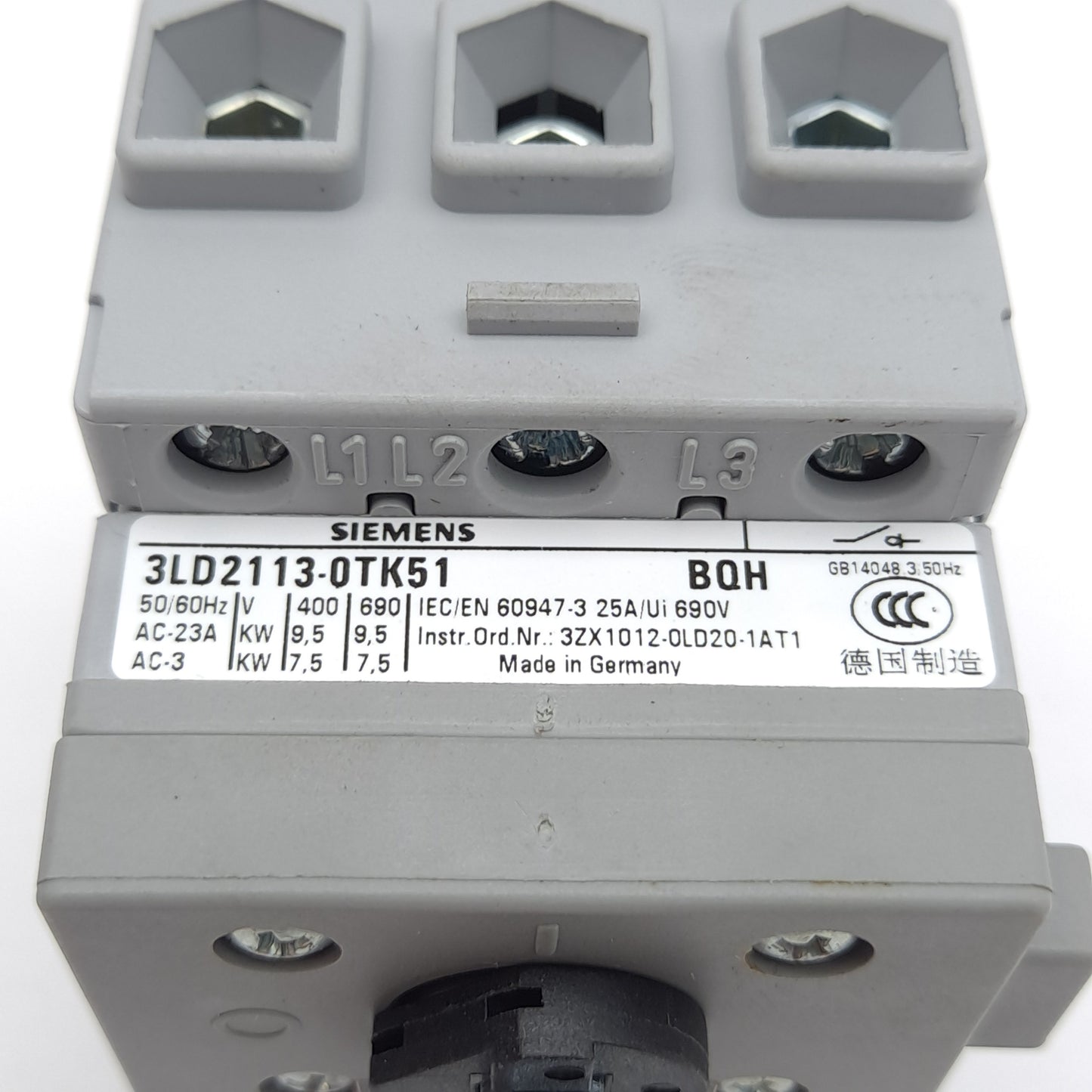 Used Siemens 3LD2113-0TK51 Sentron Switch Disconnector, 3-Pole, 25A, Rotary Knob