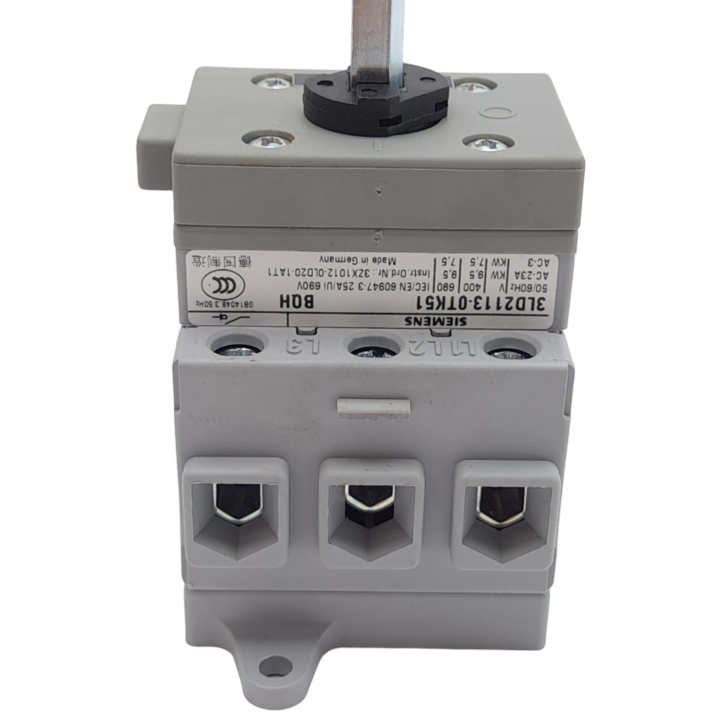 Used Siemens 3LD2113-0TK51 Sentron Switch Disconnector, 3-Pole, 25A, Rotary Knob