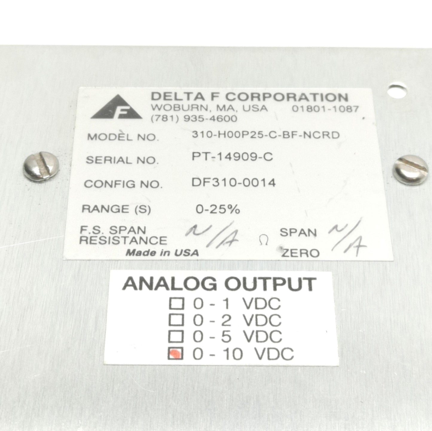 Used Delta F DF310-0014 Process Oxygen Analyzer, Range: 0-25%, Analog Output: 0-10VDC
