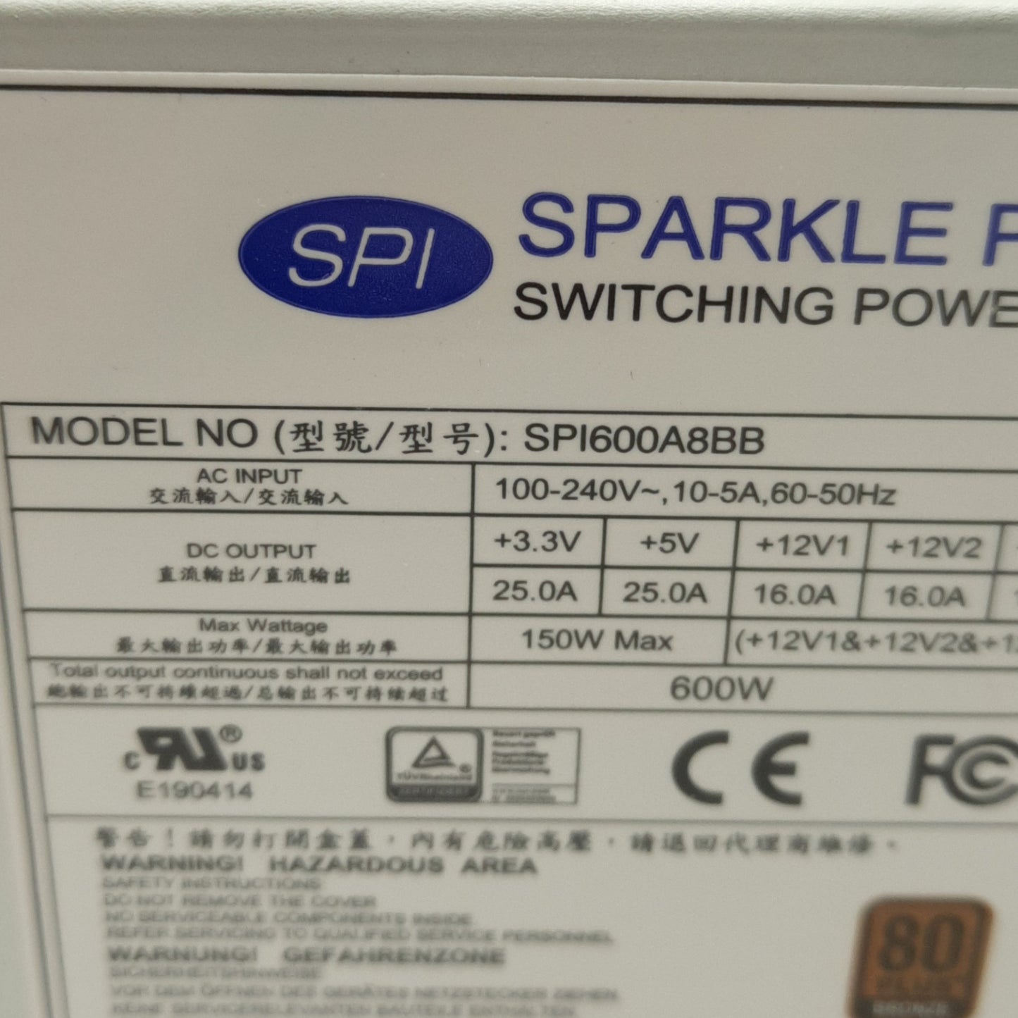 Used Sparkle Power SPI600A8BB ATX DC Power Supply, 100-240VAC Input, 600W Output