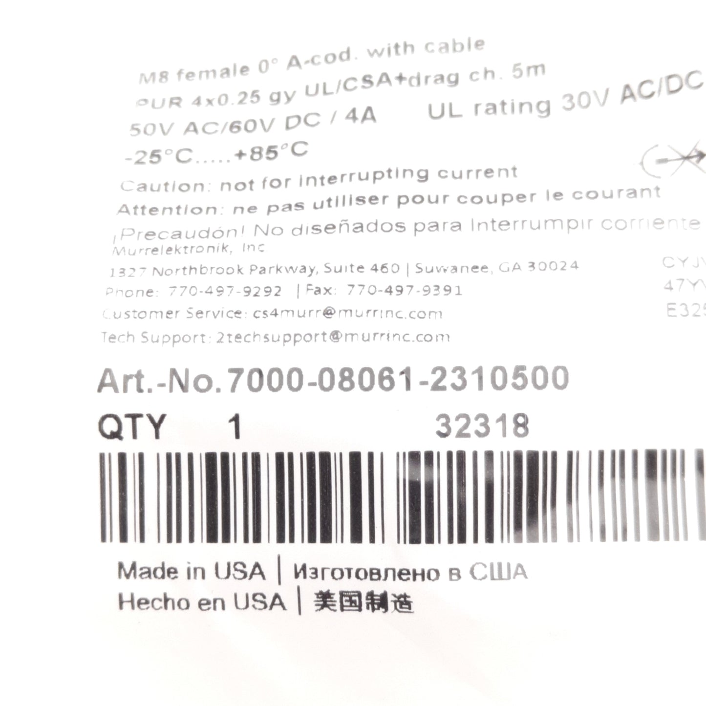 New Murr Elektronik 7000-08061-2310500 Sensor Cordset M8 4-P F to Flying Leads, 5m