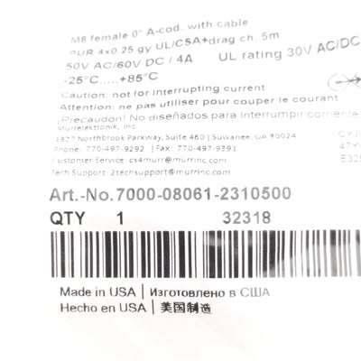 New Murr Elektronik 7000-08061-2310500 Sensor Cordset M8 4-P F to Flying Leads, 5m