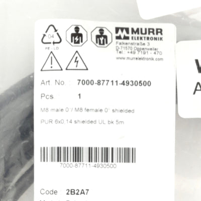 New Murr Elektronik 7000-87711-4930500 Sensor Cordset M8 6-P Male to Female, 5m