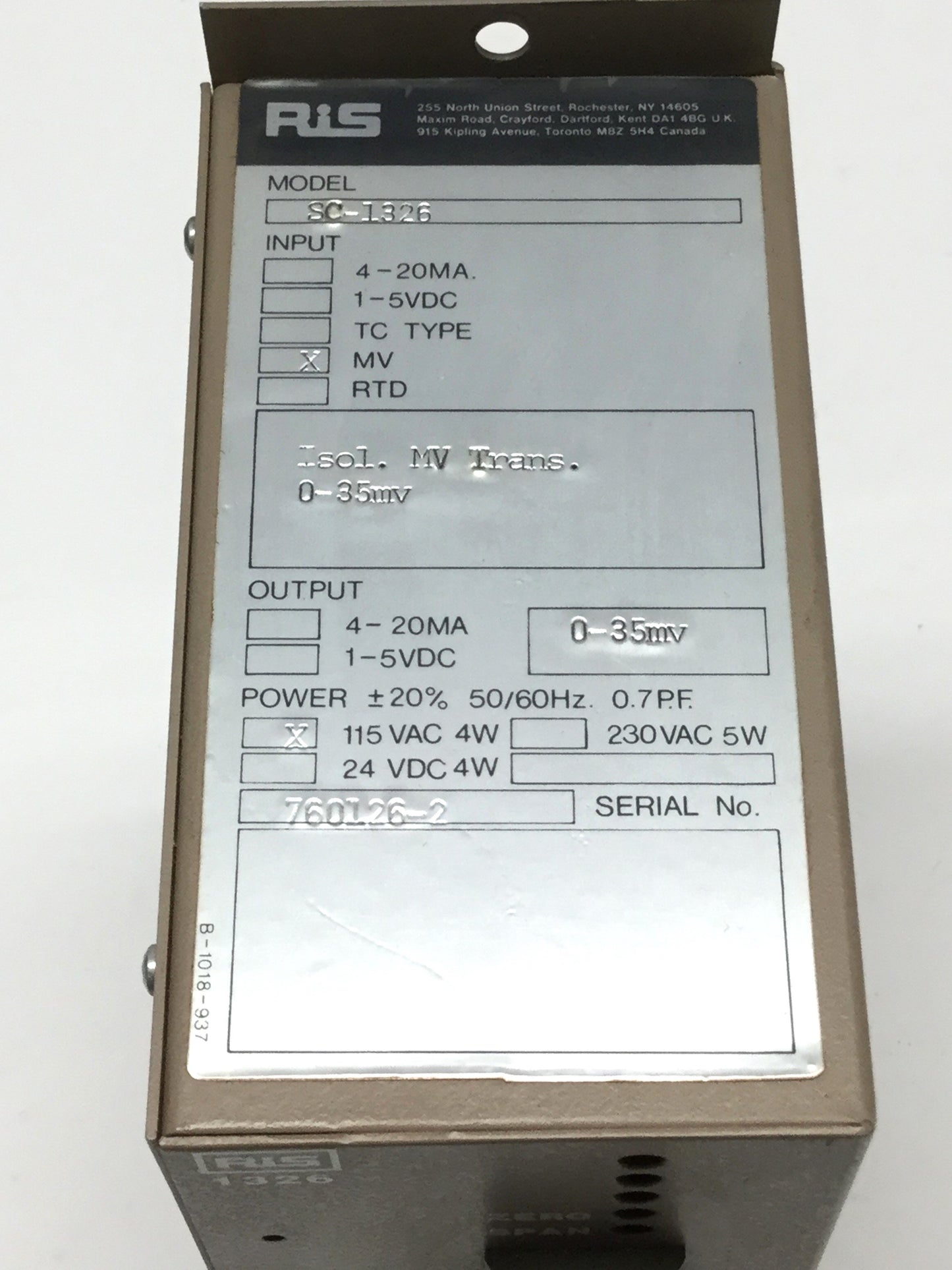 Used RiS SC-1326 Signal Conditioner Isolated Millivolt Transmitter 0-35mV, 115VAC
