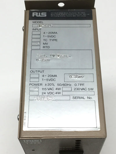 Used RiS SC-1326 Signal Conditioner Isolated Millivolt Transmitter 0-35mV, 115VAC
