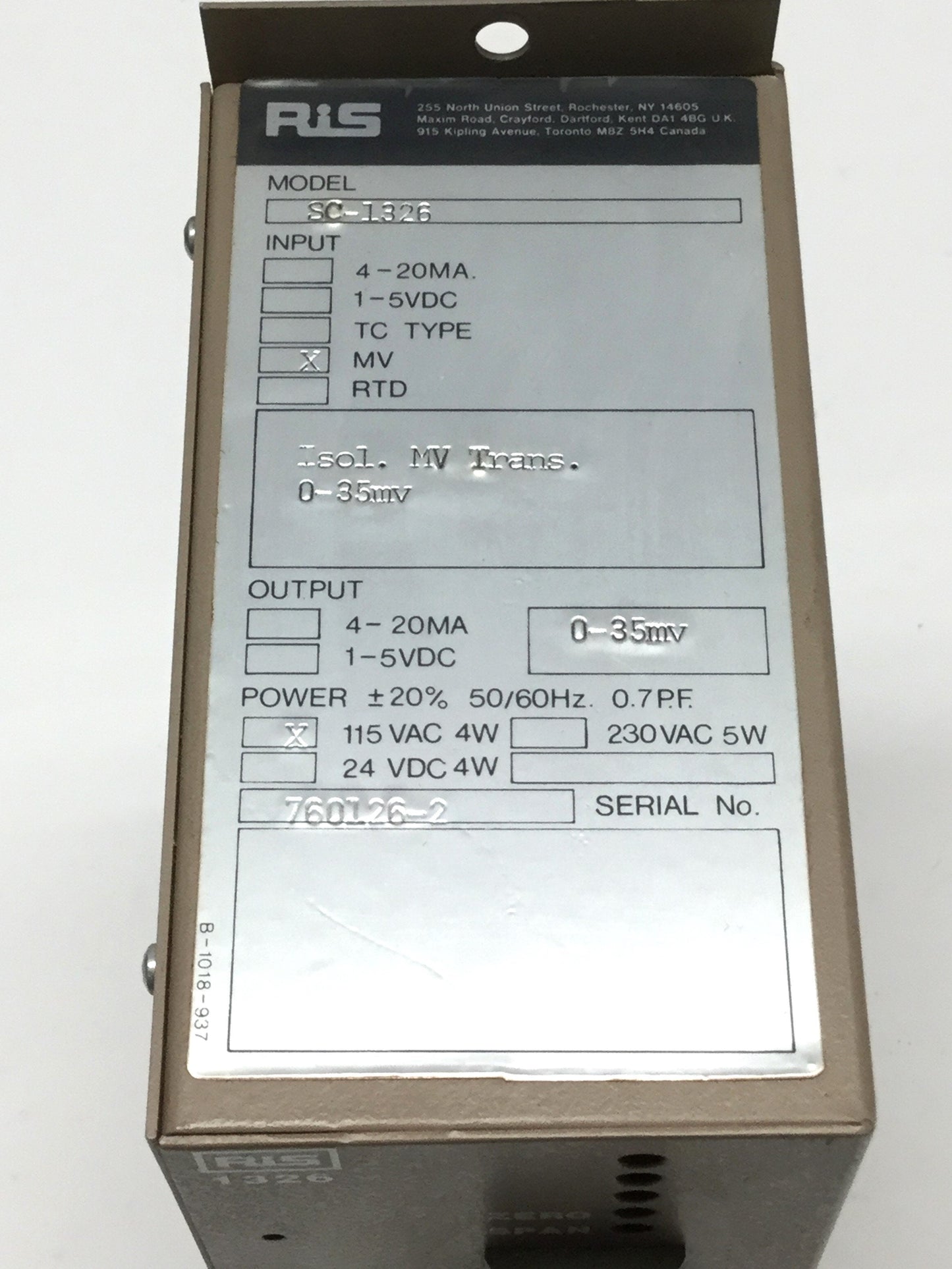 Used RiS SC-1326 Signal Conditioner Isolated Millivolt Transmitter 0-35mV, 115VAC