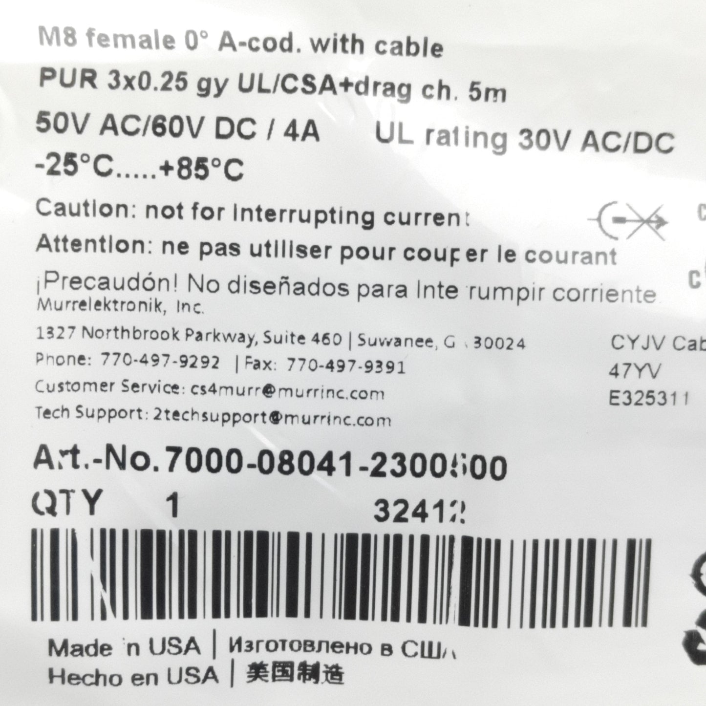 New Murr Elektronik 7000-08041-2300500 Cable Cordset M8 3-P F to Flying Leads, 5m