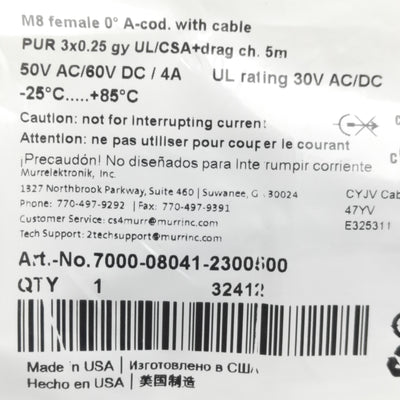 New Murr Elektronik 7000-08041-2300500 Cable Cordset M8 3-P F to Flying Leads, 5m