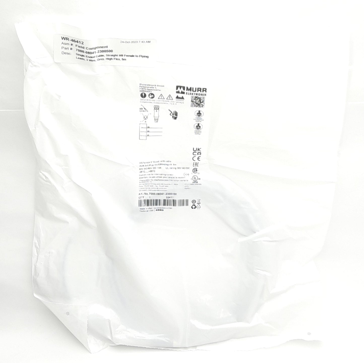 New Murr Elektronik 7000-08041-2300500 Cable Cordset M8 3-P F to Flying Leads, 5m