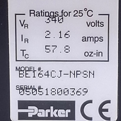 Used Parker BE164CJ-NPSN Ac Servo Motor 160W, 1.8A, 4965rpm, 2000-line Encoder