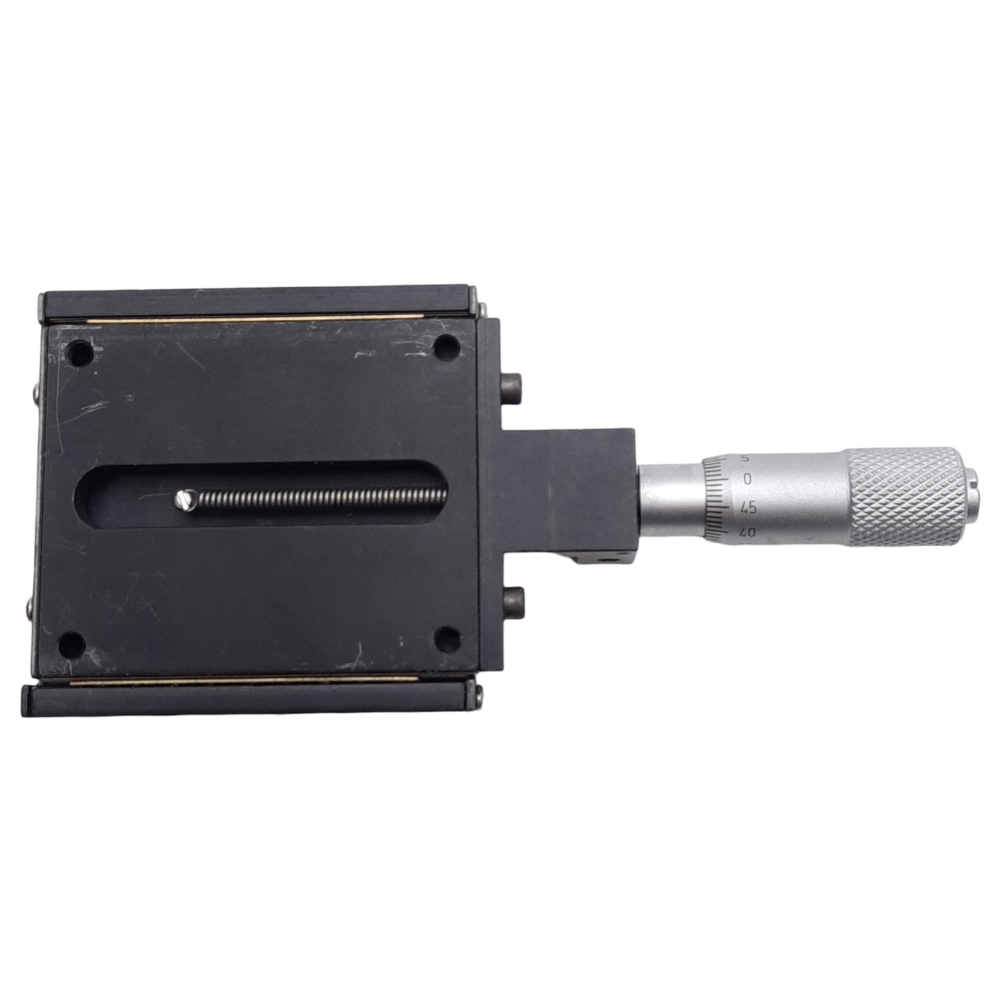 Used Del-Tron R201MM Micrometer Positioning Stage, 13mm Travel, 10.4kg Load, M2 Holes