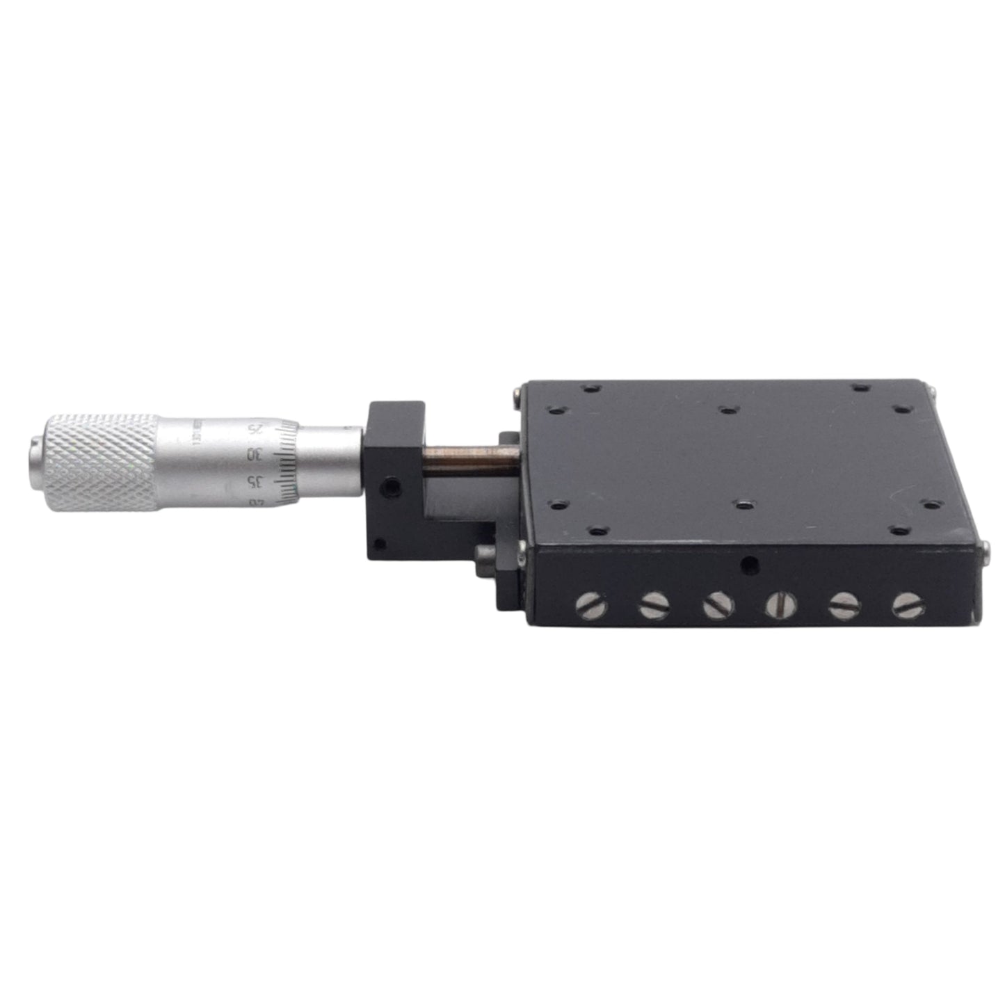 Used Del-Tron R201MM Micrometer Positioning Stage, 13mm Travel, 10.4kg Load, M2 Holes