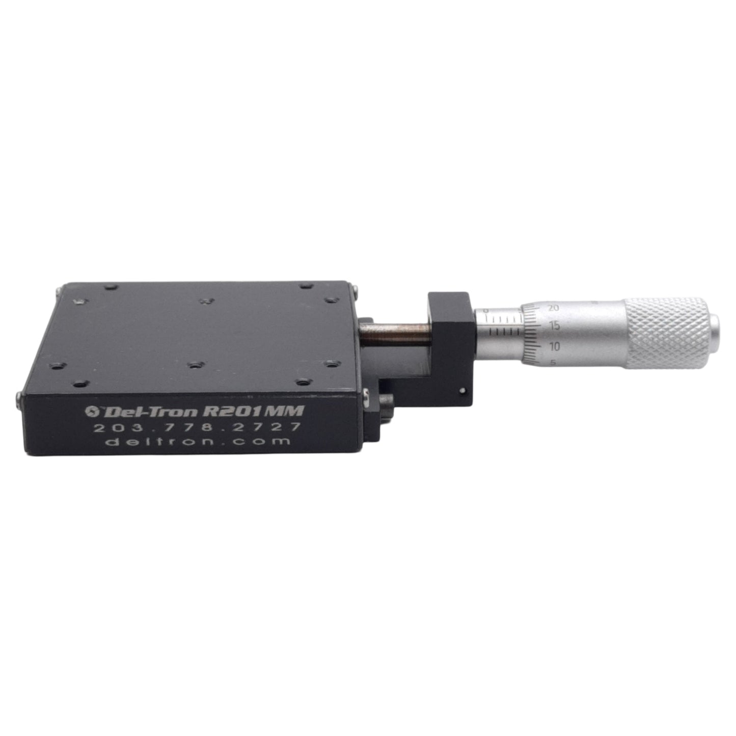 Used Del-Tron R201MM Micrometer Positioning Stage, 13mm Travel, 10.4kg Load, M2 Holes