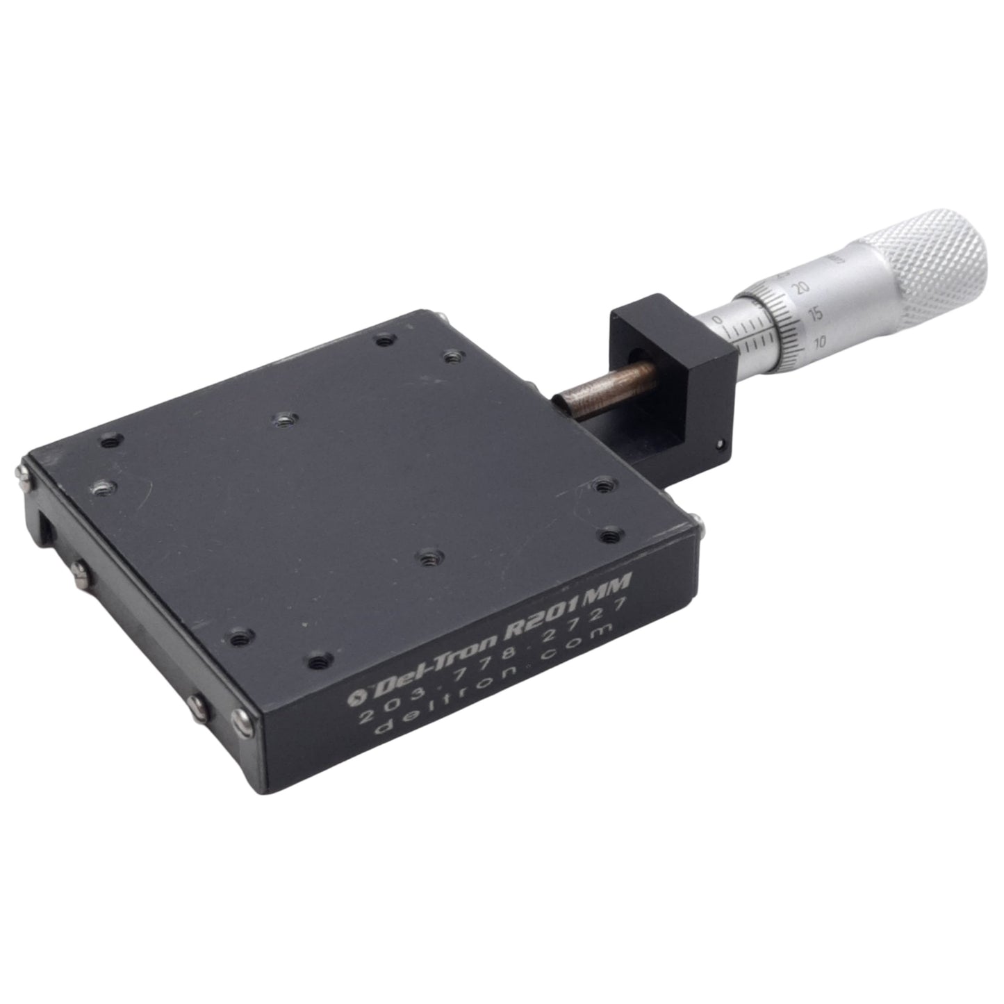 Used Del-Tron R201MM Micrometer Positioning Stage, 13mm Travel, 10.4kg Load, M2 Holes