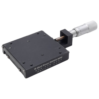 Used Del-Tron R201MM Micrometer Positioning Stage, 13mm Travel, 10.4kg Load, M2 Holes