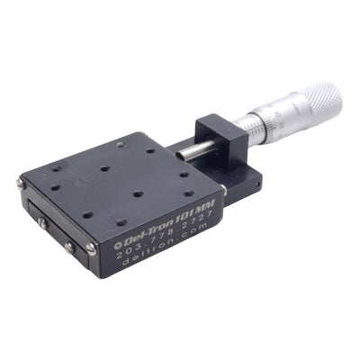 Used Del-Tron 101MM Micrometer Positioning Stage, 13mm Travel, 1.8kg Load, M2 Holes