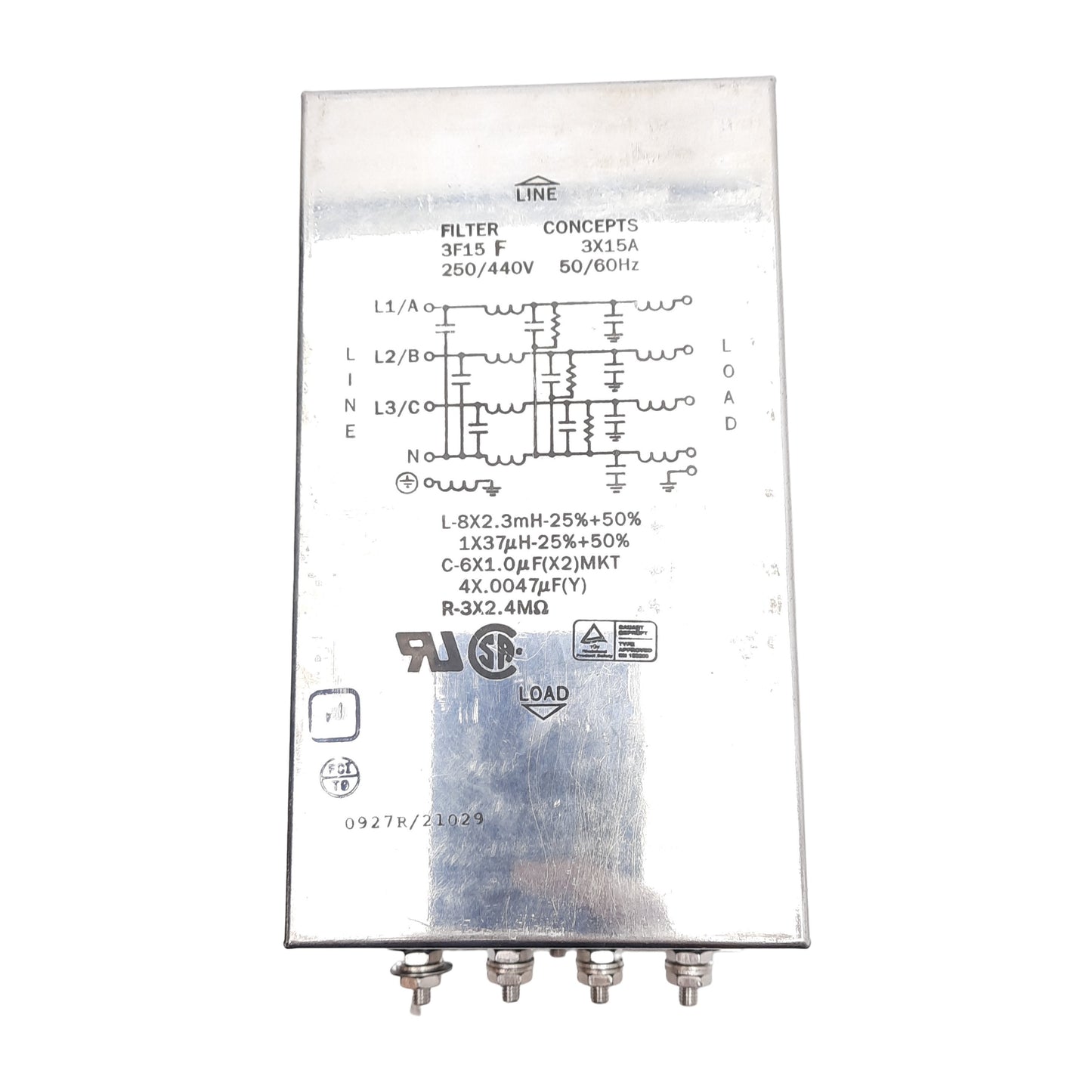 Used Filter Concepts 3F15 F Higher Performance EMI Filter, 3-Phase 250/440VAC, 15A