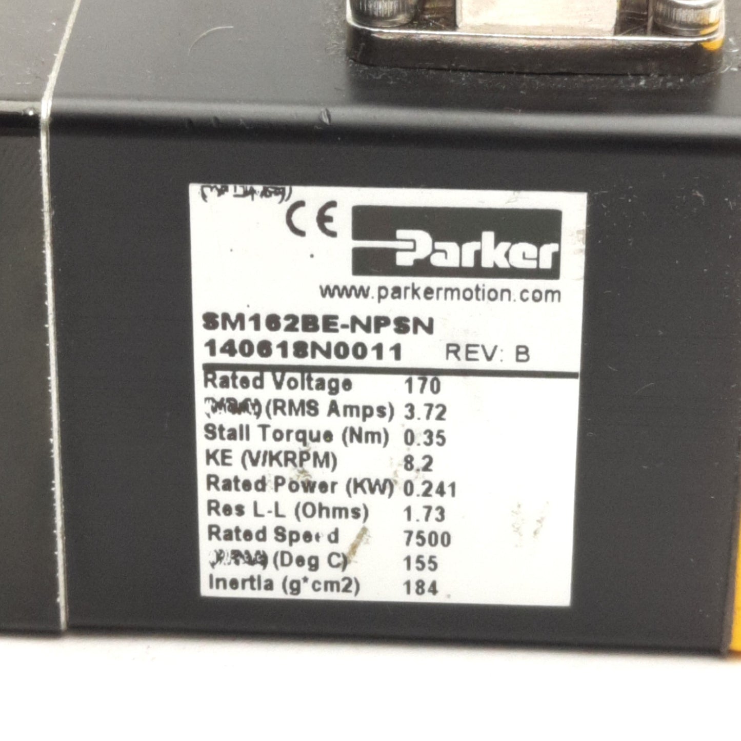 Used Parker SM162BE-NPSN Servo Motor, NEMA23, 0.34Nm Cont., 170V 3.72A