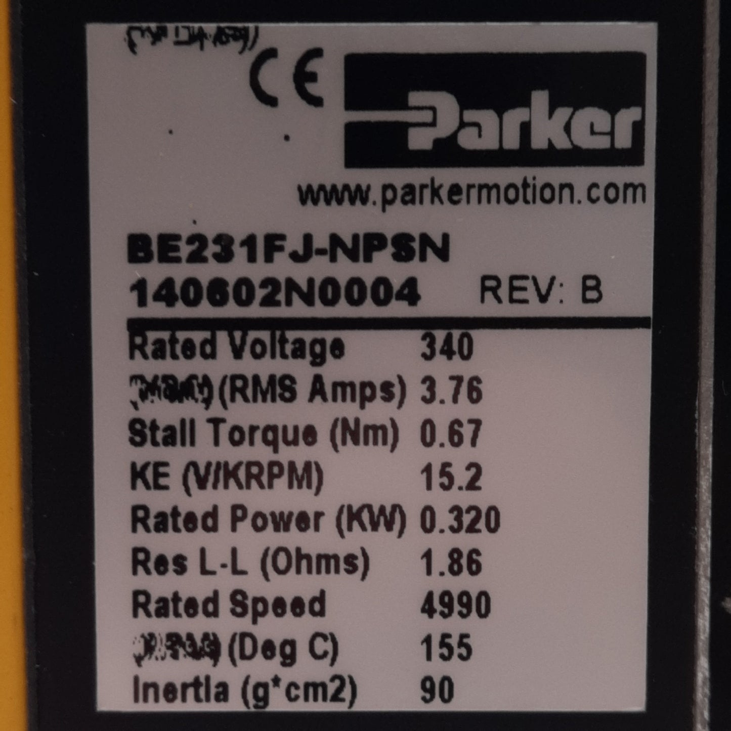 Used Parker BE231FJ-NPSN Servo Motor, 15.2V/Krpm 3.76A 320W, 0.67Nm, 4990RPM, NEMA 23