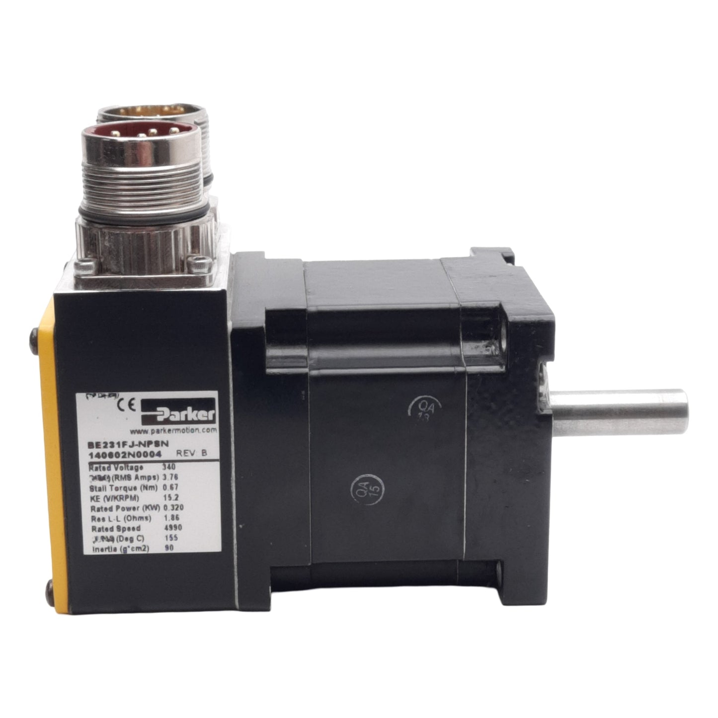 Used Parker BE231FJ-NPSN Servo Motor, 15.2V/Krpm 3.76A 320W, 0.67Nm, 4990RPM, NEMA 23